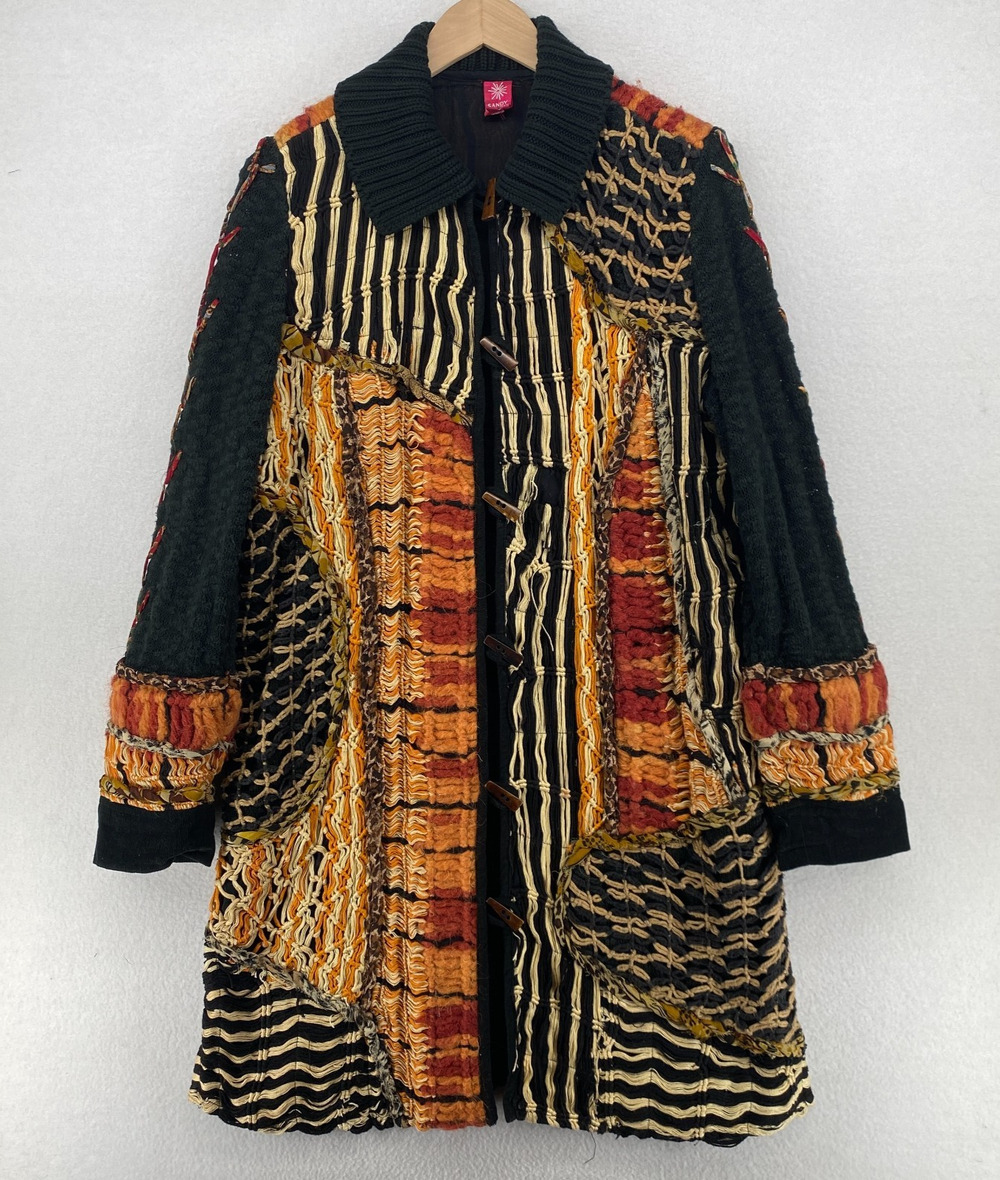 SANDY STARKMAN Cardigan M Cotton Wool Crochet Patchwork Boho Toggle Black